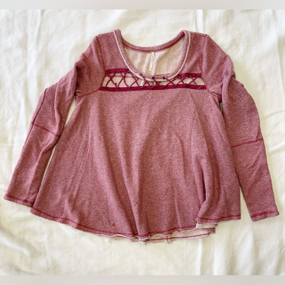 FREE PEOPLE Rose Pink Pinstripe Terry Sweatshirt Top w/ Lace-Up Chest Panel XS
